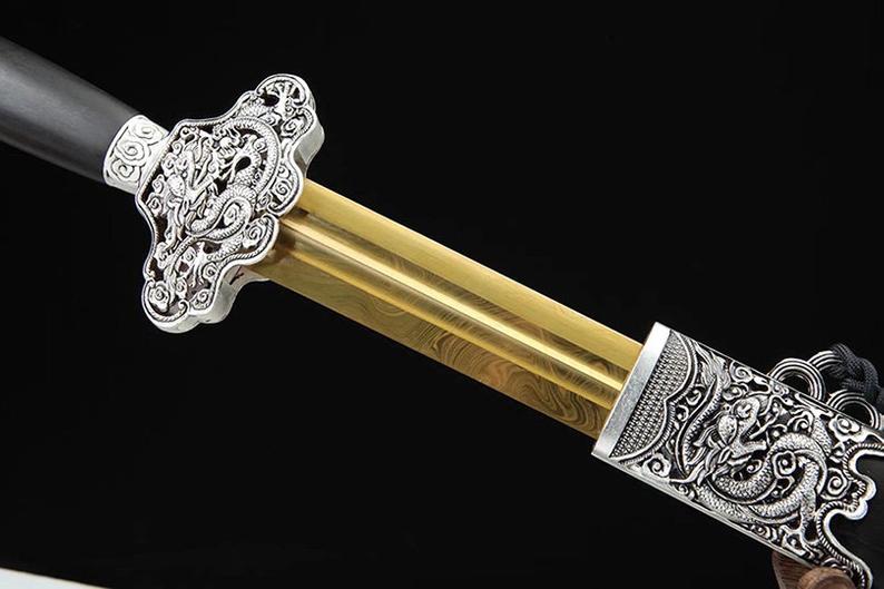 Handmade Real Sword Qin Dynasty Chinese Swords High Manganese Steel Glod Blade EbonyScabbard