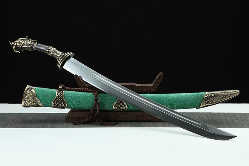 Handmade Real Sword Qin Dynasty Chinese Dao Swords Damascus Steel With Green Scabbard High Quality