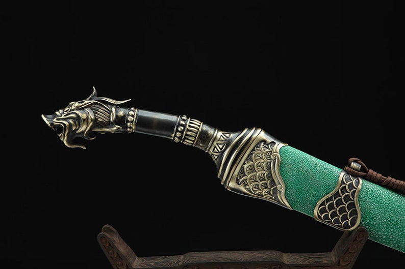 Handmade Real Sword Qin Dynasty Chinese Dao Swords Damascus Steel With Green Scabbard High Quality
