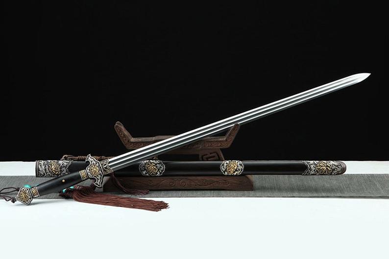 Handmade Real Sword Qin Dynasty Chinese Swords Damascus Steel With Ebony Scabbard High Quality Peony Copper Carving