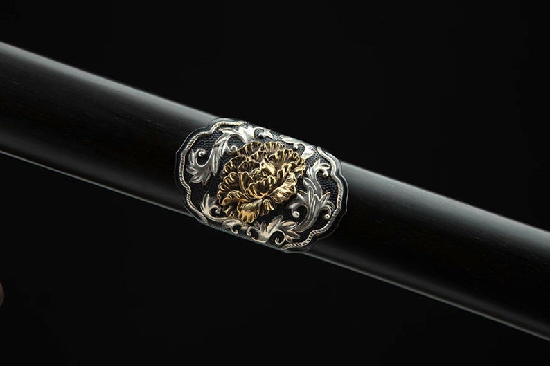 Handmade Real Sword Qin Dynasty Chinese Swords Damascus Steel With Ebony Scabbard High Quality Peony Copper Carving
