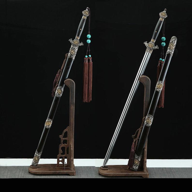 Handmade Real Sword Qin Dynasty Chinese Swords Damascus Steel With Ebony Scabbard High Quality Peony Copper Carving