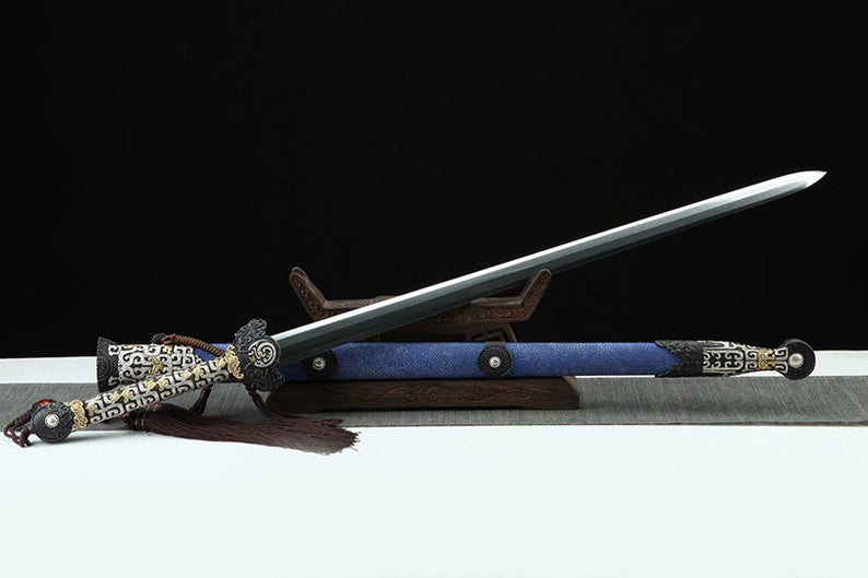 Véritable épée chinoise de la dynastie Qin, faite à la main, en acier damas avec fourreau bleu, de haute qualité