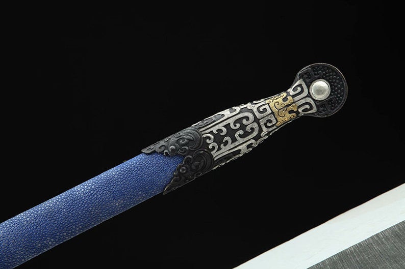 Handmade Real Sword Qin Dynasty Chinese Swords Damascus Steel With Blue Scabbard High Quality