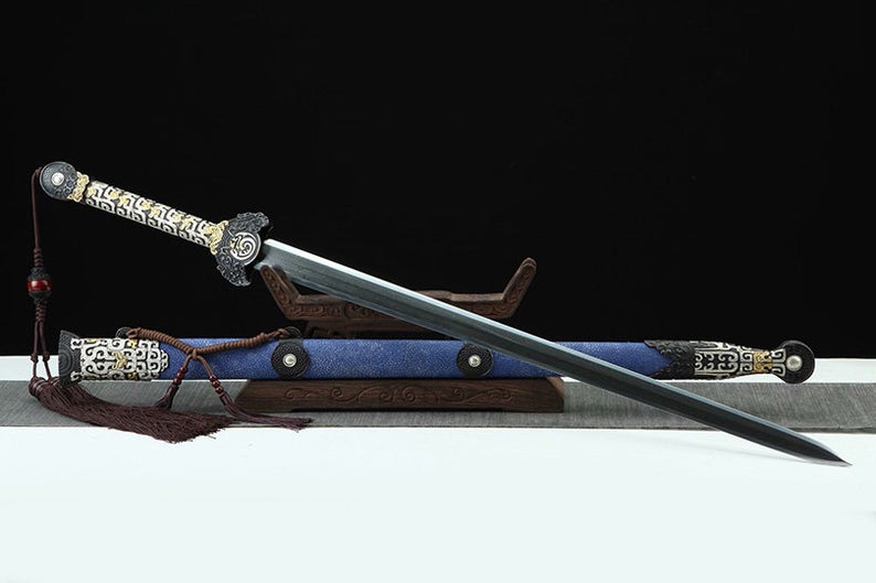 Handmade Real Sword Qin Dynasty Chinese Swords Damascus Steel With Blue Scabbard High Quality