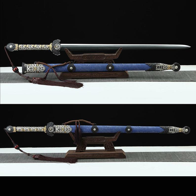Handmade Real Sword Qin Dynasty Chinese Swords Damascus Steel With Blue Scabbard High Quality