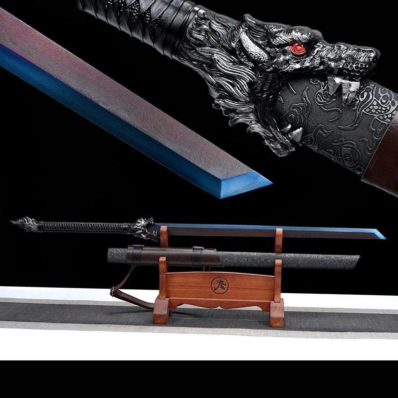 Épées chinoises faites à la main Épées de la dynastie Tang Épée réelle de haute qualité Acier à haute teneur en manganèse Dao Full Tang Blue Blade Loup aiguisé