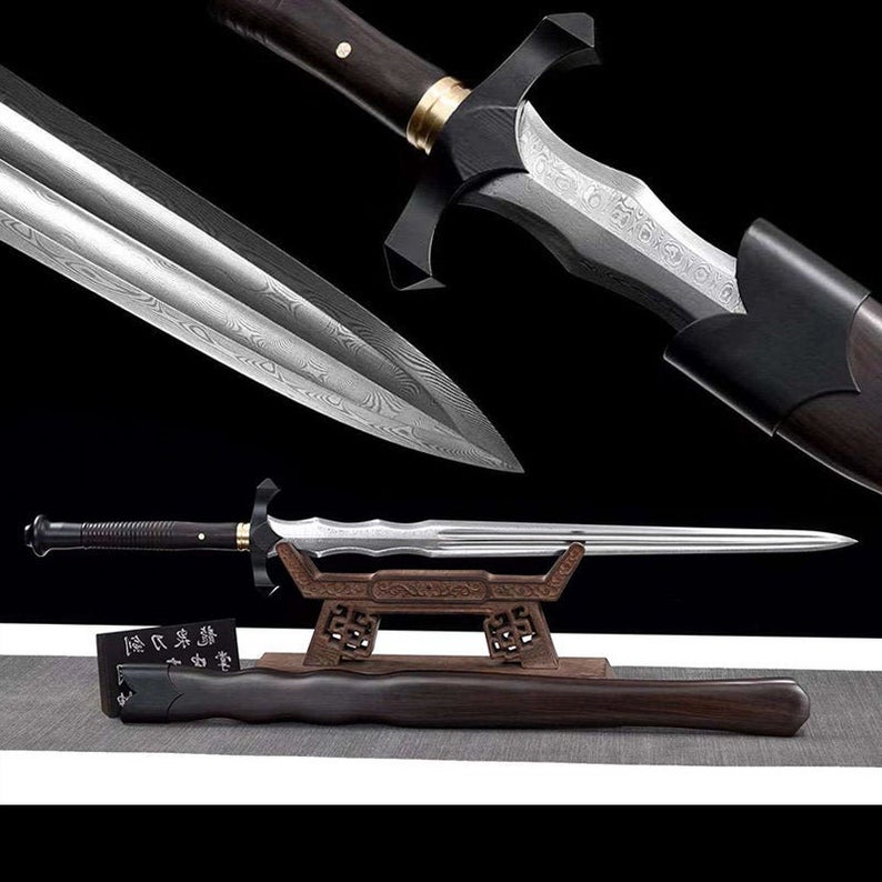 Épées chinoises faites à la main, véritable épée de haute qualité, en acier damas, fourreau en ébène aiguisé