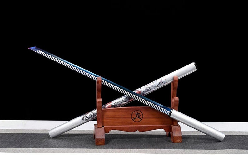 Handmade Japanese Ninjato Ninja katana Samurai Swords High Quality Stick Sword Full Tang Blue Blade White scabbard
