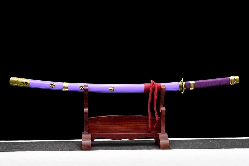 Einteilige handgemachte Katana Roronoa Zoro Katana japanische Samuraischwerter, echte Klinge, lila Scheide, voller Tang