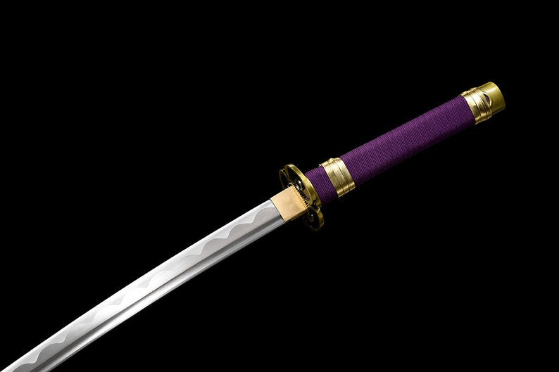 Einteilige handgemachte Katana Roronoa Zoro Katana japanische Samuraischwerter, echte Klinge, lila Scheide, voller Tang