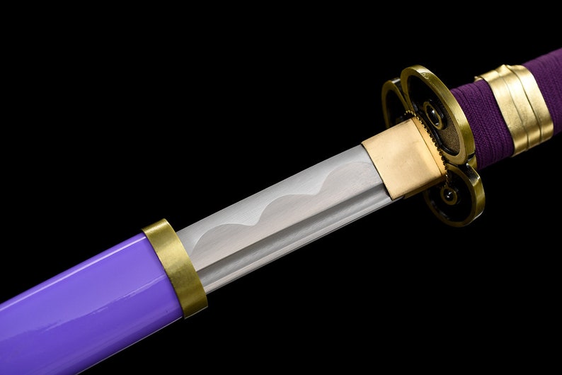 Einteilige handgemachte Katana Roronoa Zoro Katana japanische Samuraischwerter, echte Klinge, lila Scheide, voller Tang