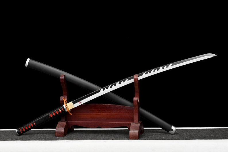 Handgefertigtes japanisches Katana-Samurai-Schwert, echte Anime-Schwerter, geschärfte 1045-Stahl, schwarze Klinge, voller Zapfen