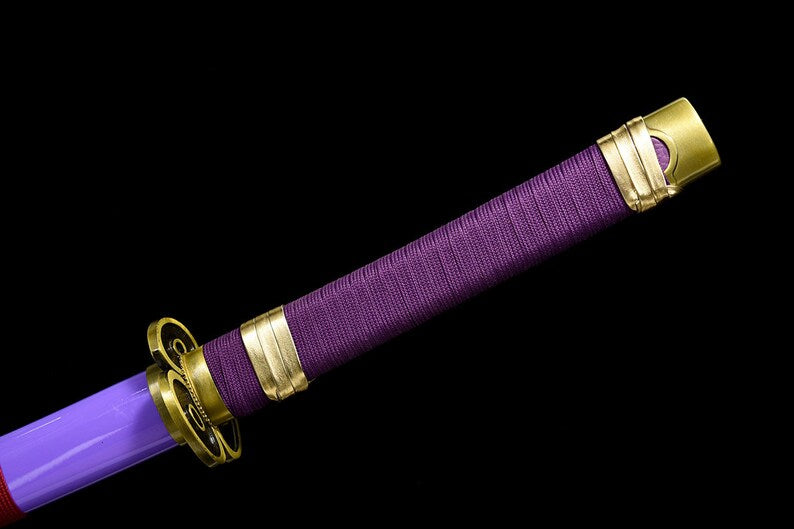 Einteilige handgemachte Katana Roronoa Zoro Katana japanische Samuraischwerter, echte Klinge, lila Scheide, voller Tang
