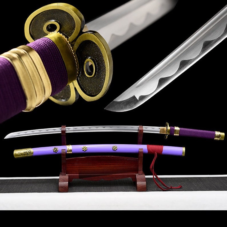 Einteilige handgemachte Katana Roronoa Zoro Katana japanische Samuraischwerter, echte Klinge, lila Scheide, voller Tang