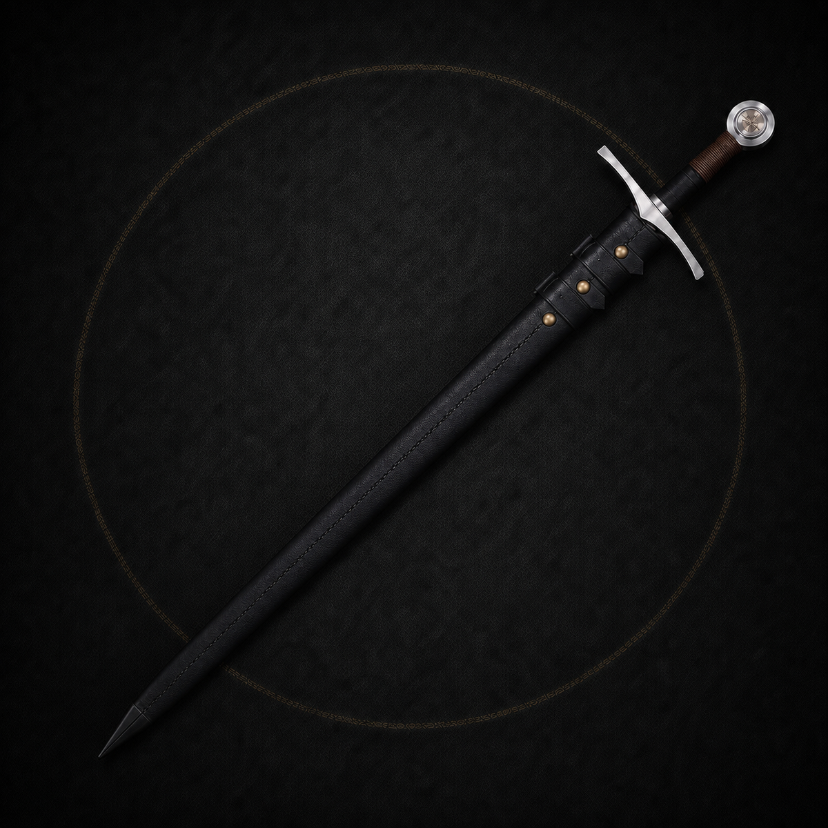 JMSWORD Blackthorn sword fully sheathed, with a black scabbard, silver crossguard and round pommel