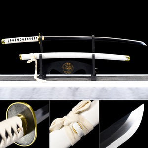 Einteiliges handgefertigtes japanisches Katana-Samurai-Schwerter aus Roronoa Zoro, Full Tang, 1045 Kohlenstoffstahl, weiße Scheide 