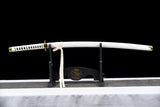 Einteiliges handgefertigtes japanisches Katana-Samurai-Schwerter aus Roronoa Zoro, Full Tang, 1045 Kohlenstoffstahl, weiße Scheide 