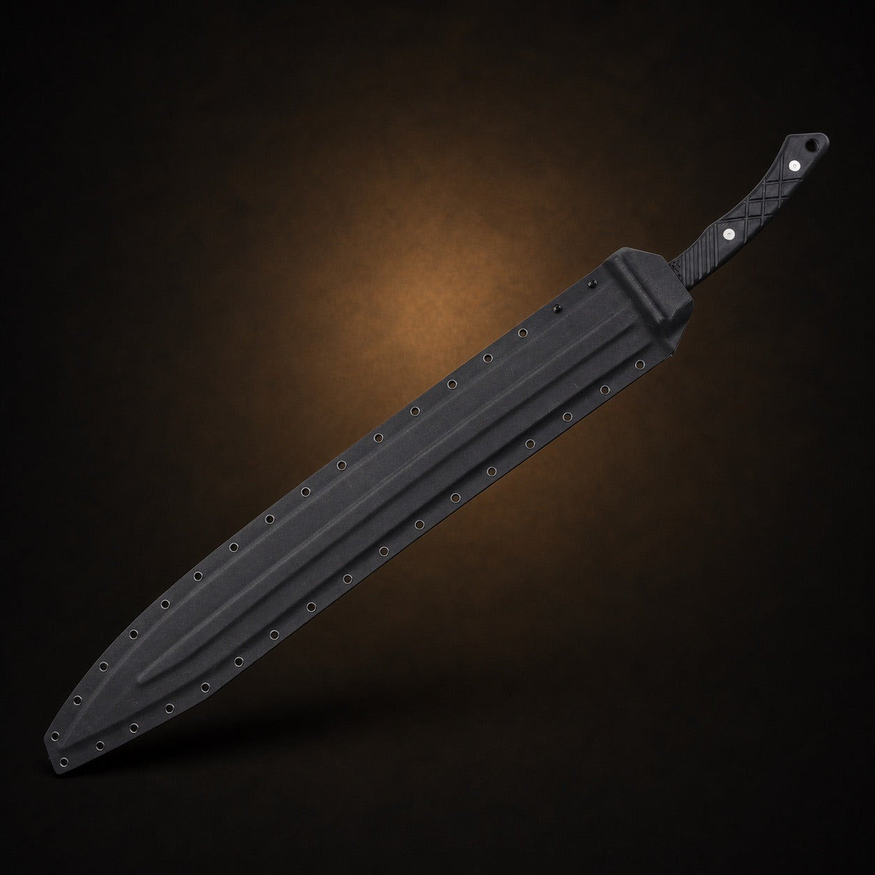 Black Leviathan tactical sword fully sheathed in black Kydex scabbard