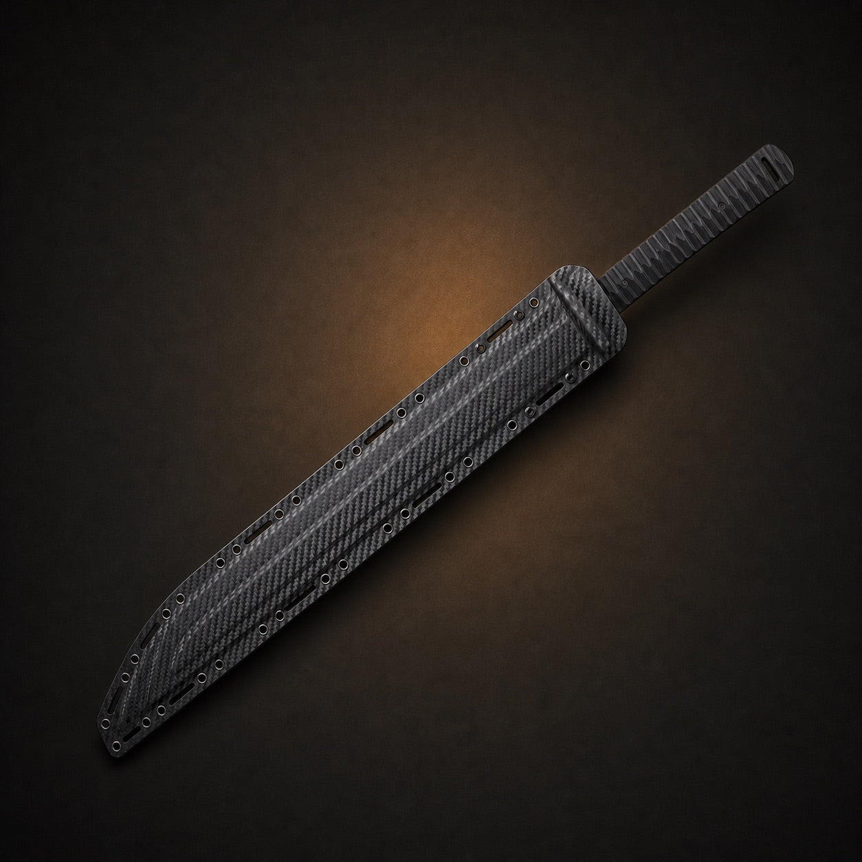 Bronze Fang tactical sword fully sheathed in black Kydex scabbard