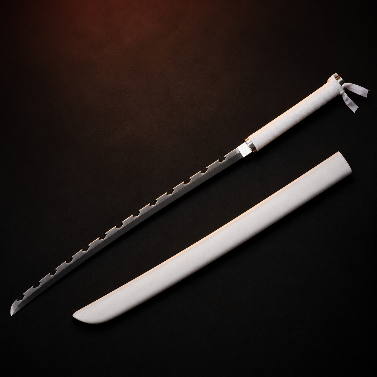 Demon Slayer Inosuke-inspired jagged katana with matching white scabbard