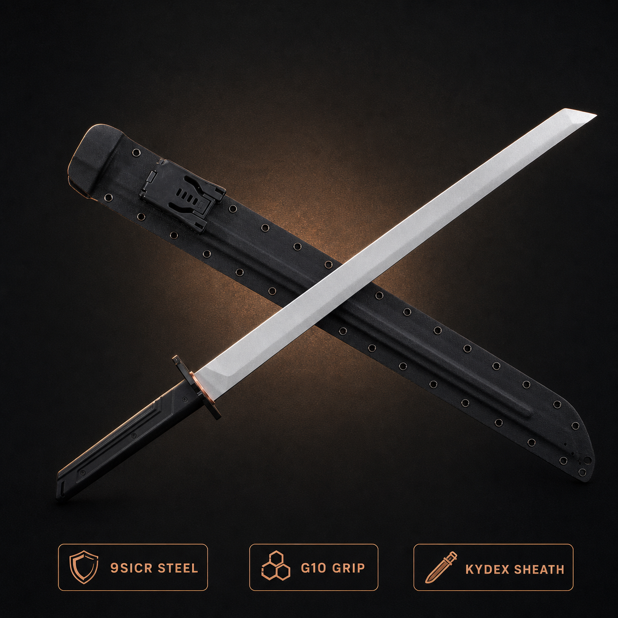 Frostbite Edge 9SiCr tactical sword with G10 grip and Kydex sheath