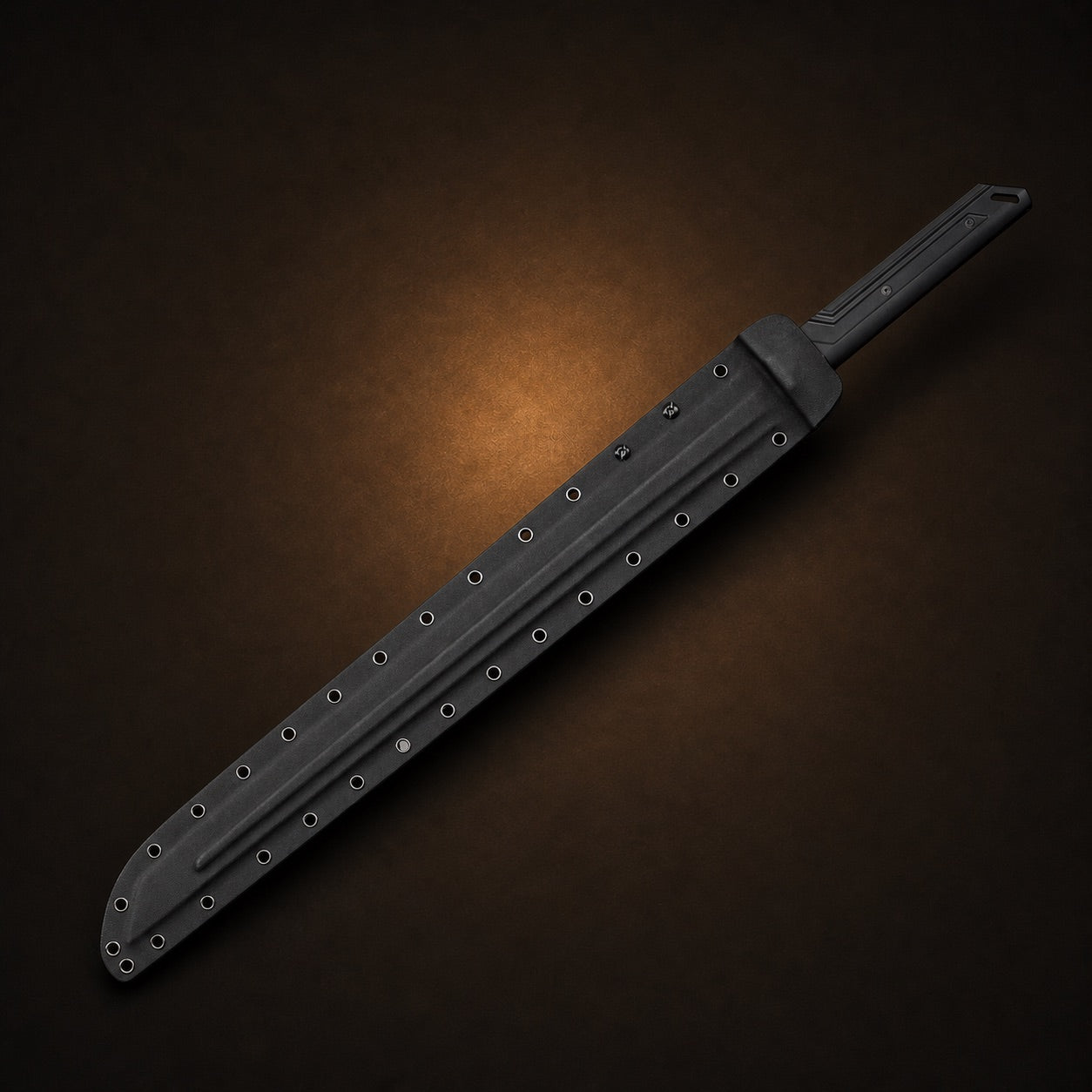 Frostbite Edge tactical sword fully sheathed in black Kydex scabbard