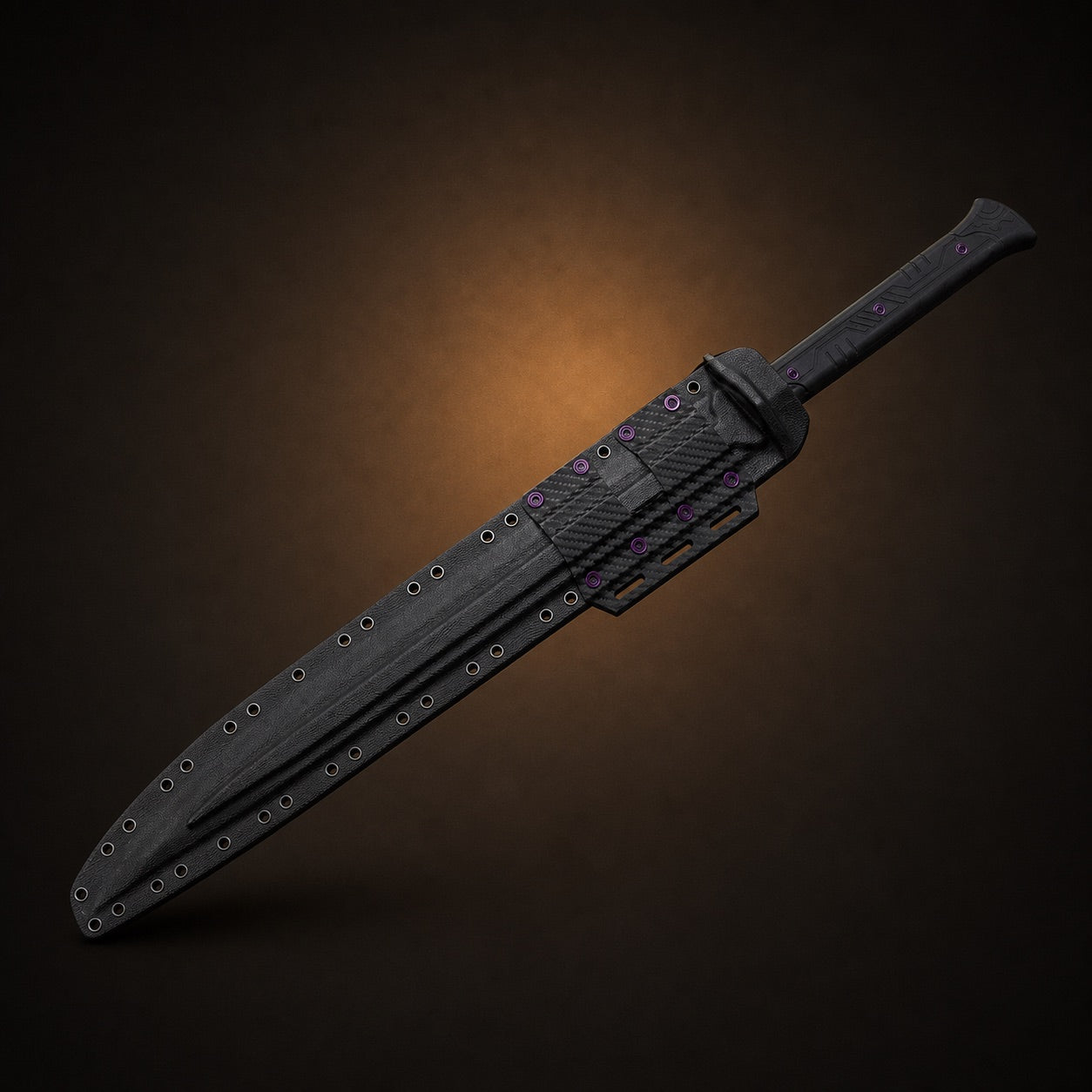 Midnight tactical gladius fully sheathed in black scabbard
