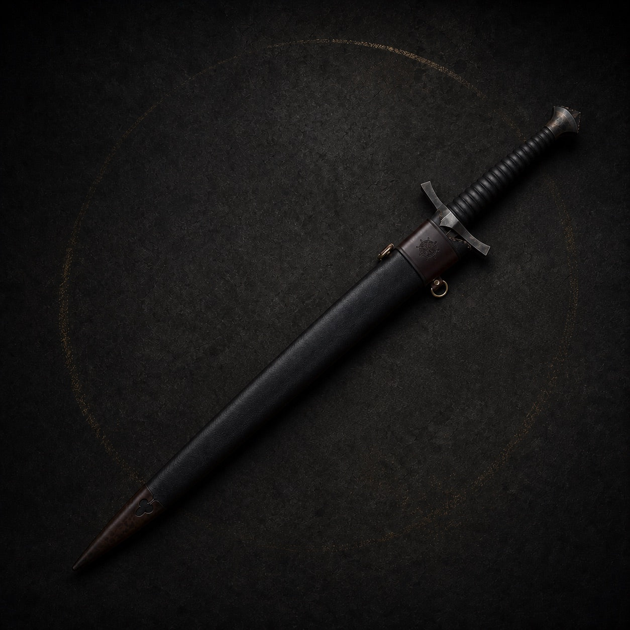 Morgul medieval sword fully sheathed in dark leather scabbard