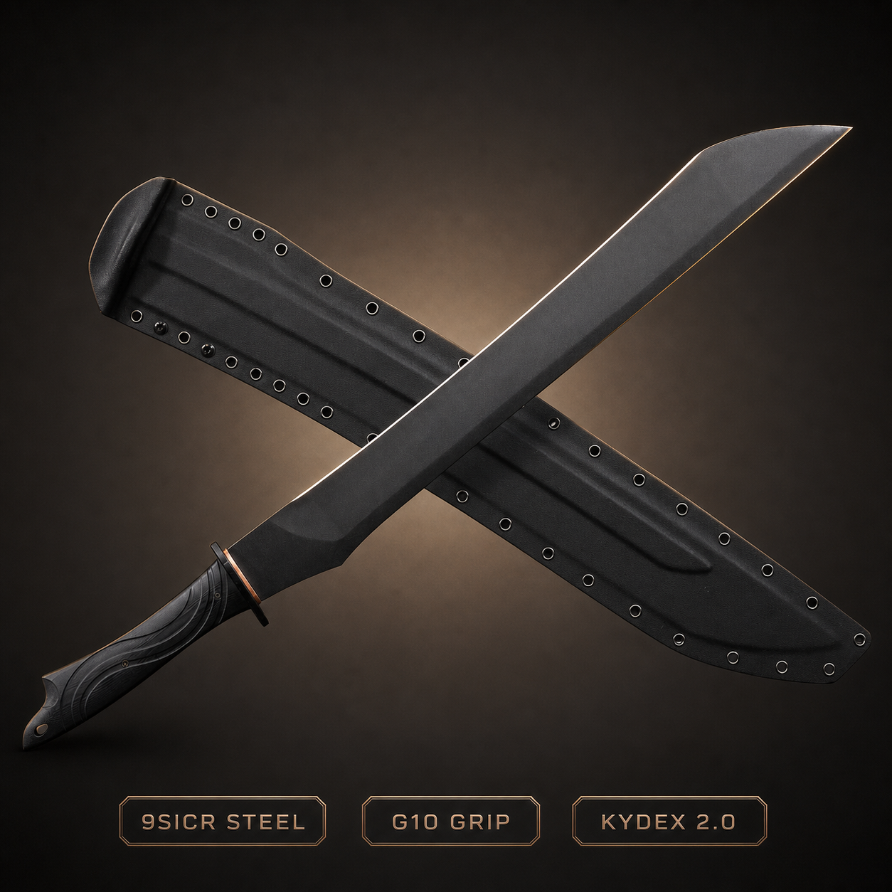 Obsidian Cleaver 9SiCr tactical sword with G10 grip and Kydex 2.0 sheath