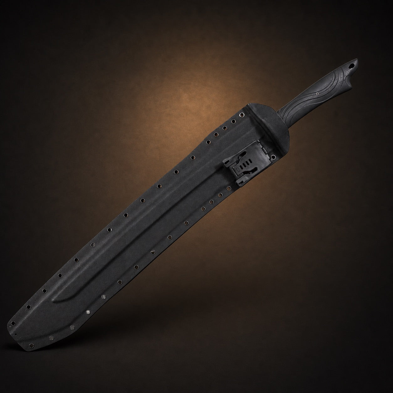 Obsidian Cleaver tactical sword fully sheathed in black Kydex scabbard