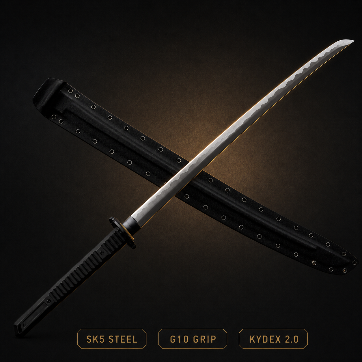 Obsidian Kensei SK5 tactical sword with G10 grip and Kydex 2.0 sheath