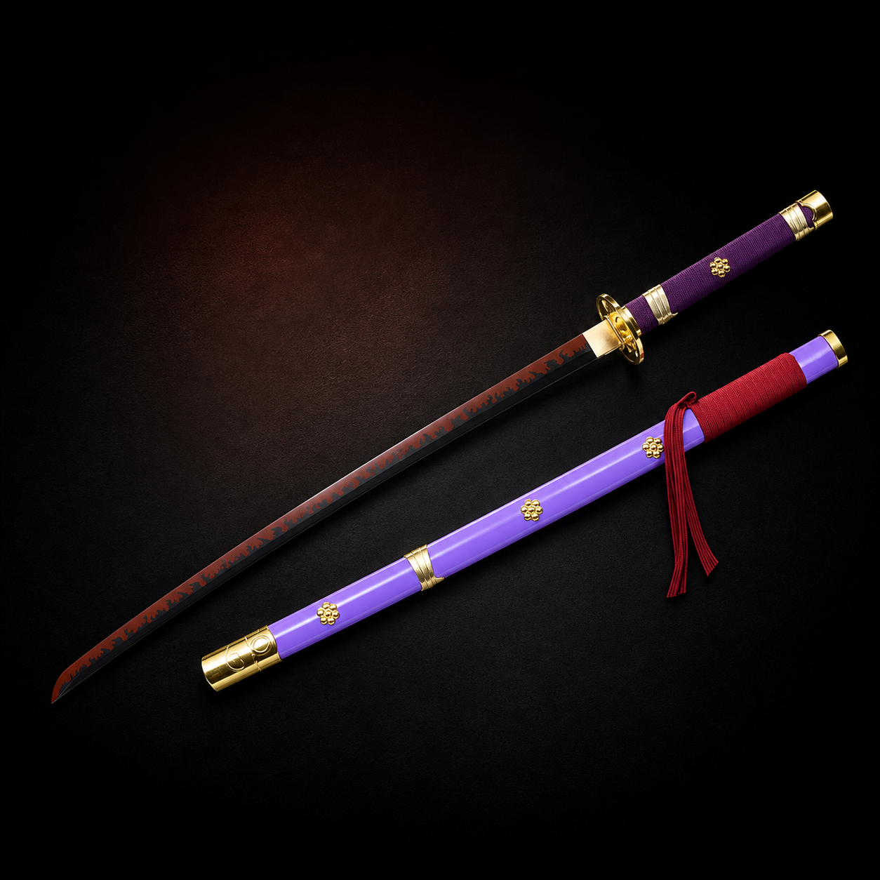 One Piece Enma-inspired 1045 carbon steel katana with purple scabbard