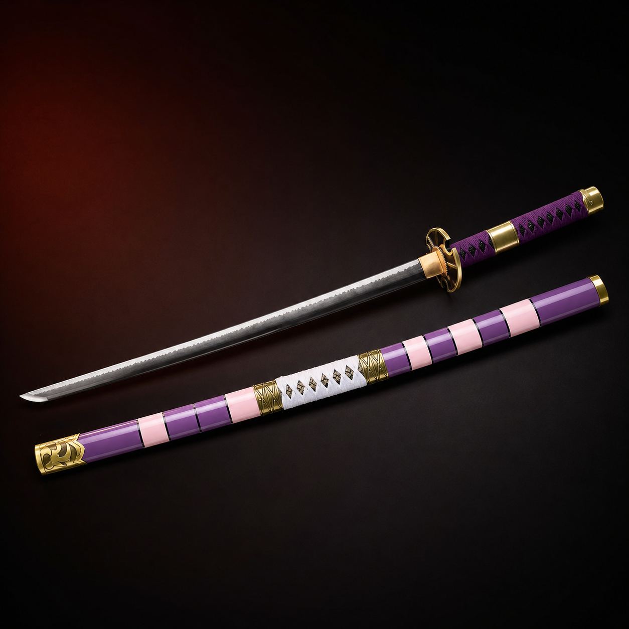 One Piece Kitetsu-inspired katana with purple fittings and matching scabbard