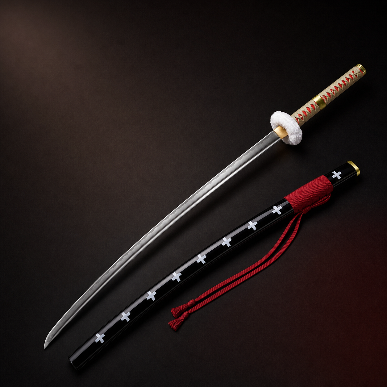 One Piece Trafalgar Law-inspired sword with long black scabbard and red cord