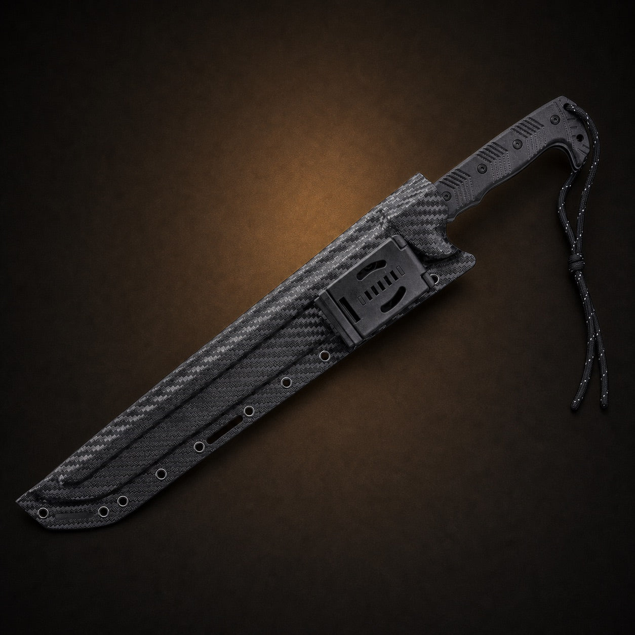 Onyx Stinger tactical sword fully sheathed in black scabbard
