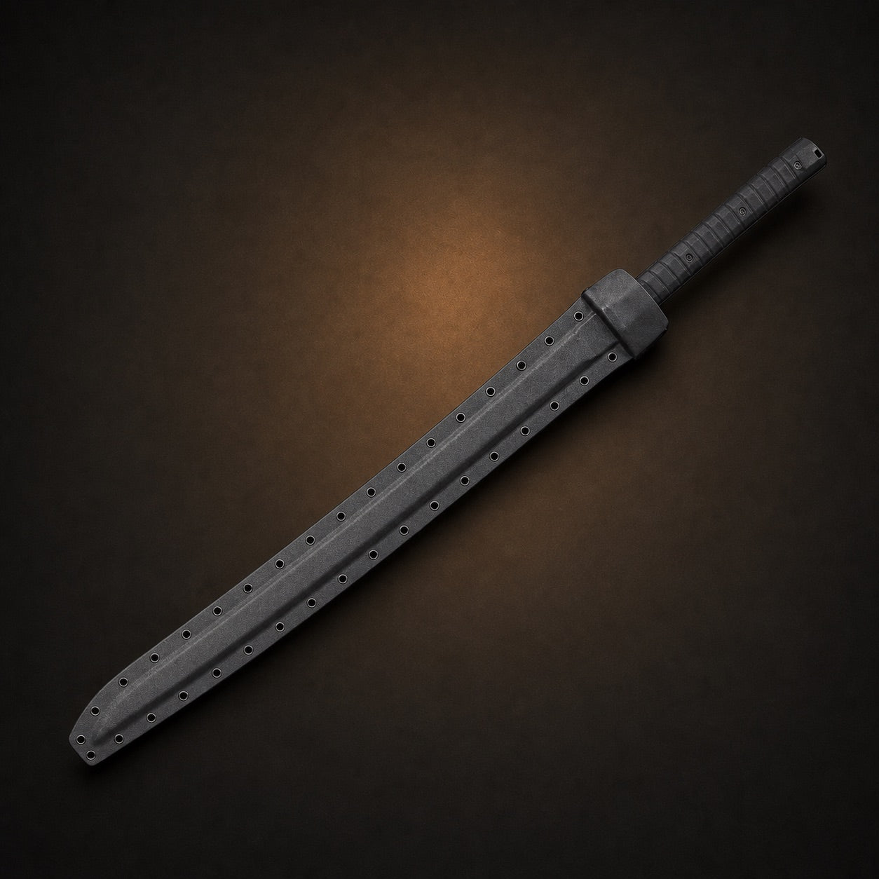 Phantom Tachi tactical sword fully sheathed in black Kydex scabbard
