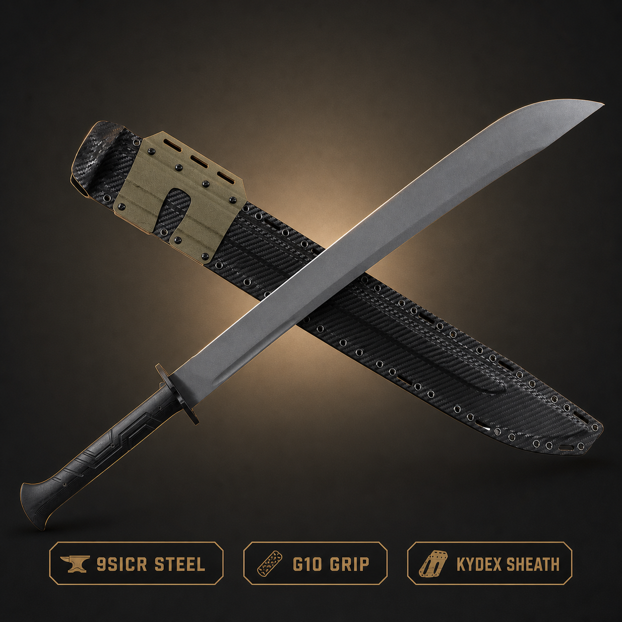 Sand Viper 9SiCr tactical sword with G10 grip and Kydex sheath