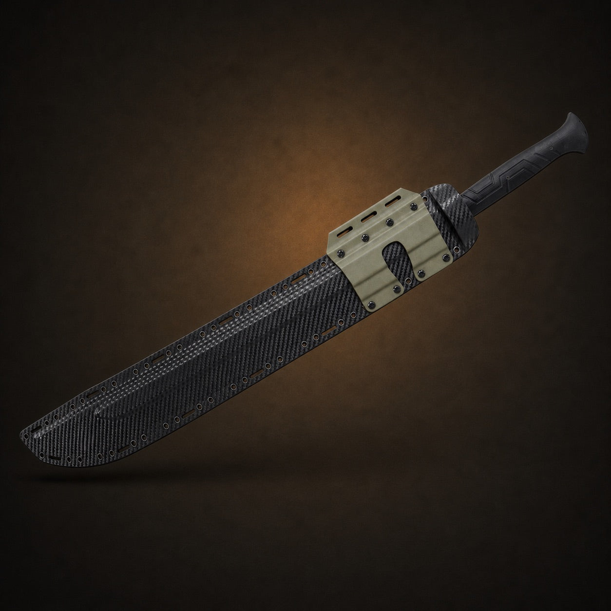 Sand Viper tactical sword fully sheathed in black Kydex scabbard