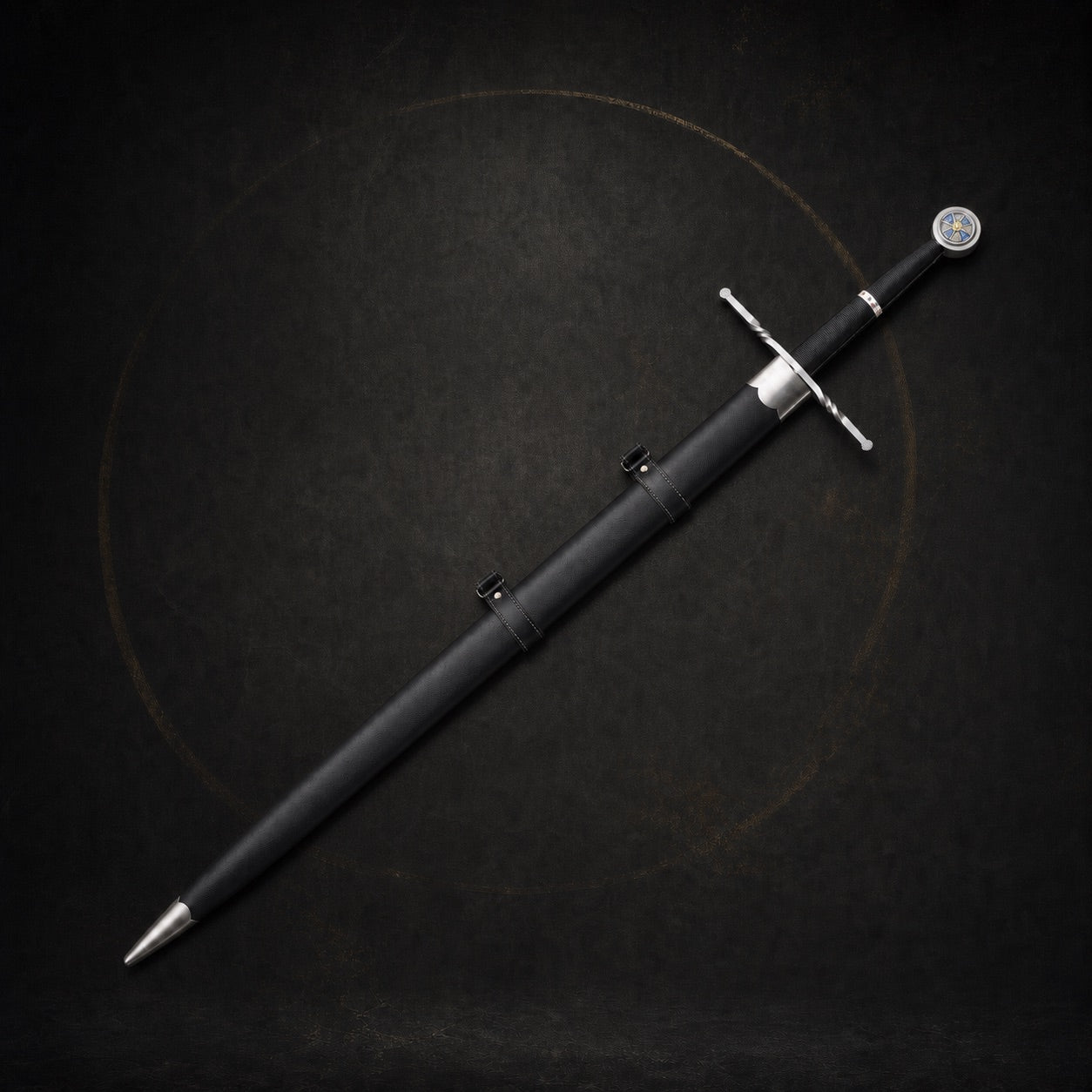 Sapphire Cross longsword fully sheathed in blue leather scabbard