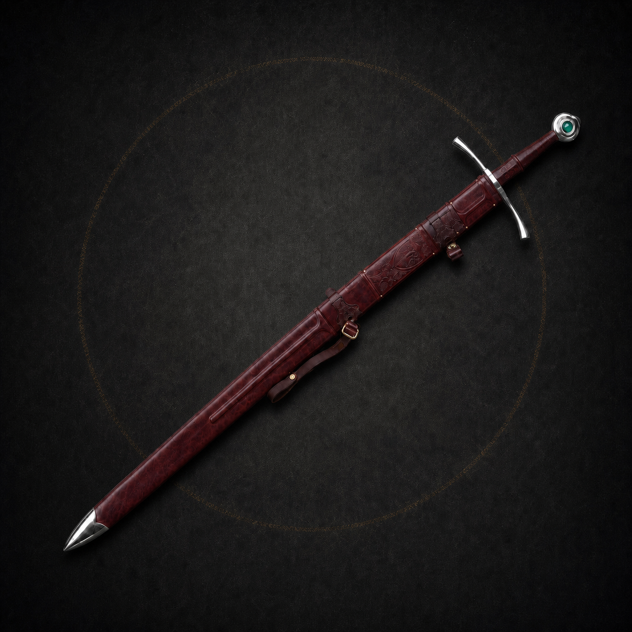 Templar medieval longsword fully sheathed in burgundy leather scabbard
