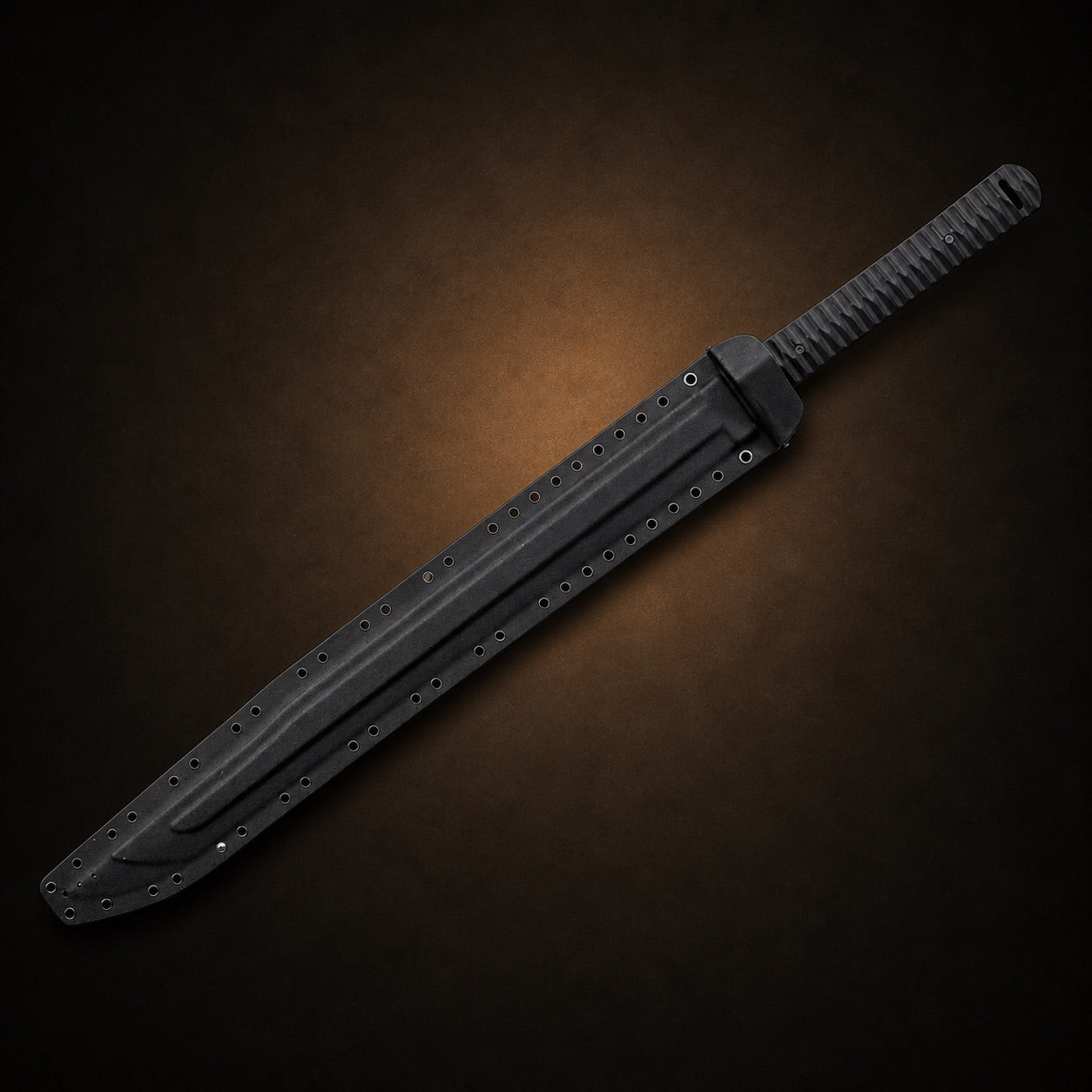 Titanium Ronin tactical katana fully sheathed in black Kydex scabbard