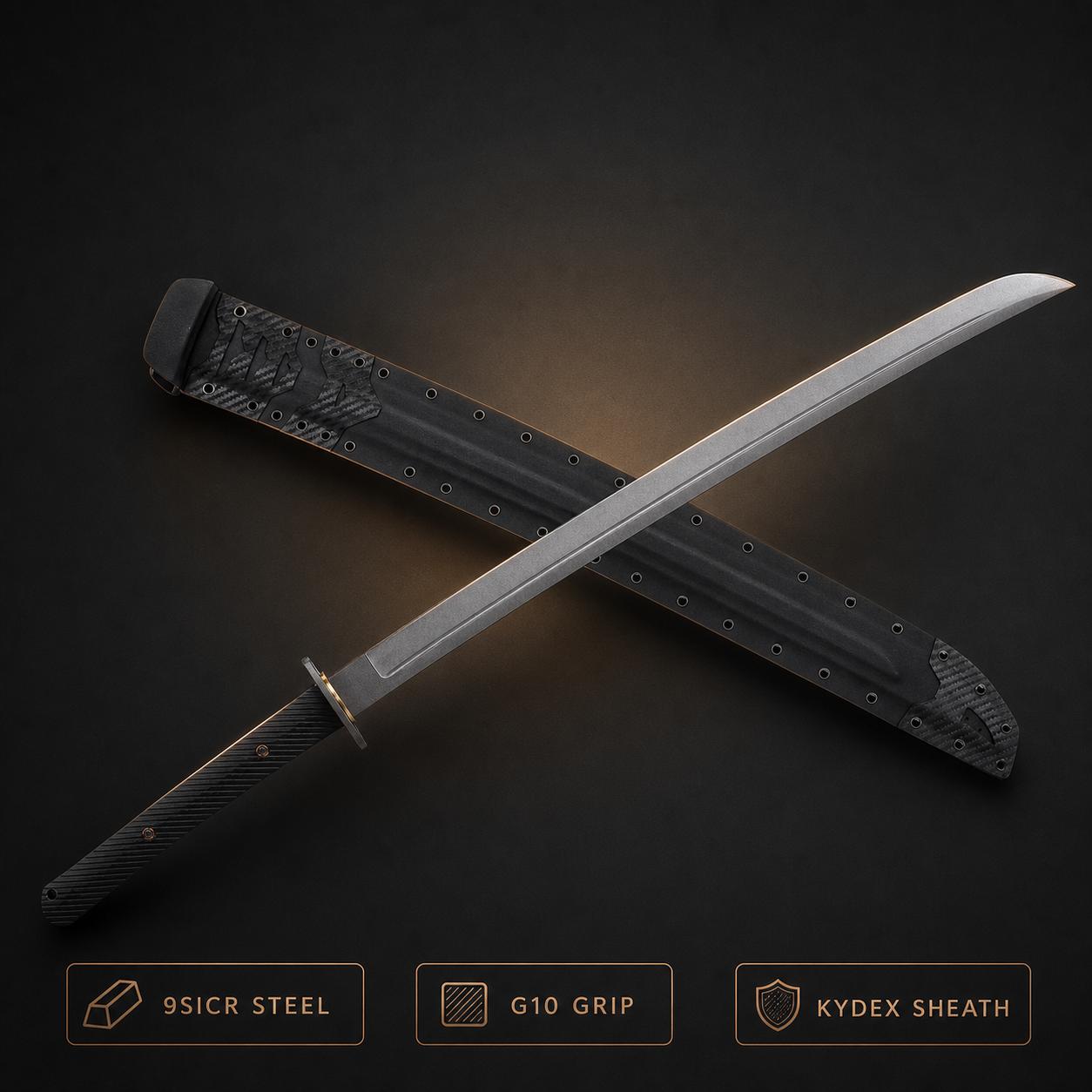 Voidstrike 9SiCr tactical katana with G10 grip and Kydex sheath