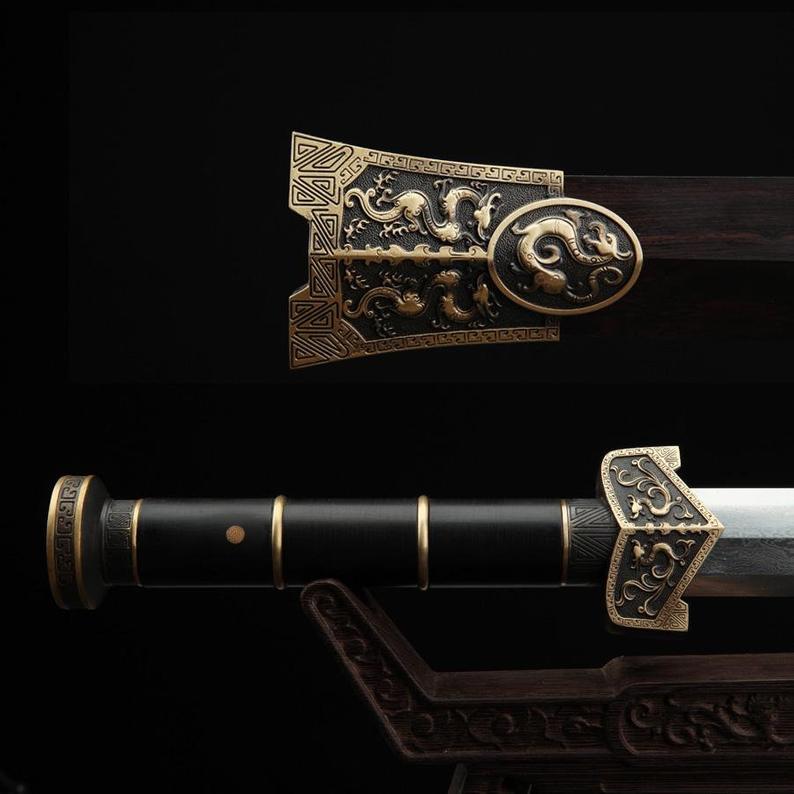 Épée Chinoise Véritable Dragon Noir Han Avec Fourreau En Bois 