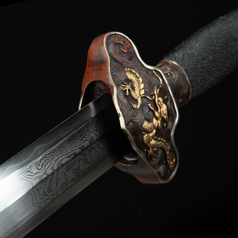 Black Rayskin Chinese Dragon Theme Damascus Steel Clay Tempered Chinese Swords