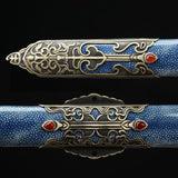 Handgefertigte blaue echte Rochenhautscheide aus Damaststahl für chinesische Schwerter von Feng Shen 