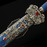 Handgefertigte blaue echte Rochenhautscheide aus Damaststahl für chinesische Schwerter von Feng Shen 