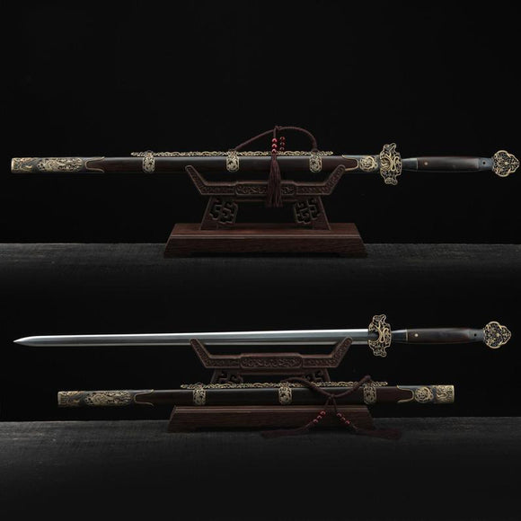 Damaststahl, schwarzes Sandelholz, handgeschmiedete echte chinesische Schwerter aus der Ming-Dynastie 