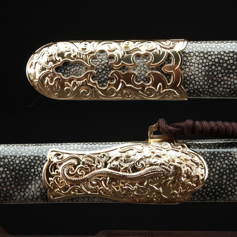 Handmade Damascus Steel Rayskin Full Tang Qing Dynasty King Sword Chinese Swords