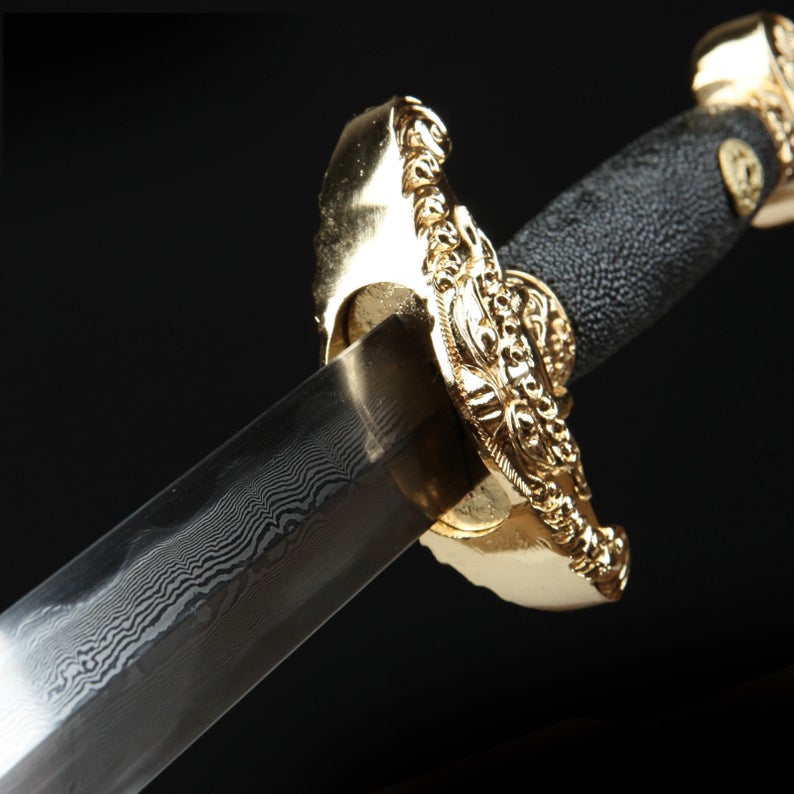 Handmade Damascus Steel Rayskin Full Tang Qing Dynasty King Sword Chinese Swords
